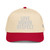 Red/Natural classic fit structured five-panel cap with embroidered Love Honor Respect logo, front view — DAD all caps