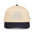 Navy/Natural classic fit structured five-panel cap with embroidered Love Honor Respect logo, front view — DAD all caps