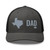 Charcoal/Black six-panel mesh-back trucker cap with embroidered Texas DAD logo, front view — DAD all caps