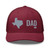 Cranberry six-panel mesh-back trucker cap with embroidered Texas DAD logo, front view — DAD all caps