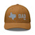 Caramel six-panel mesh-back trucker cap with embroidered Texas DAD logo, front view — DAD all caps