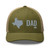 Moss/Khaki six-panel mesh-back trucker cap with embroidered Texas DAD logo, front view — DAD all caps