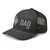 Charcoal six-panel mesh-back trucker cap with embroidered Texas DAD logo, left-front view — DAD all caps