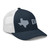 Navy/White six-panel mesh-back trucker cap with embroidered Texas DAD logo, right-front view — DAD all caps