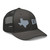 Charcoal six-panel mesh-back trucker cap with embroidered Texas DAD logo, right-front view — DAD all caps