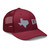 Cranberry six-panel mesh-back trucker cap with embroidered Texas DAD logo, right-front view — DAD all caps