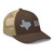 Brown/Khaki six-panel mesh-back trucker cap with embroidered Texas DAD logo, right-front view — DAD all caps