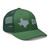 Evergreen six-panel mesh-back trucker cap with embroidered Texas DAD logo, right-front view — DAD all caps