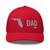 Red six-panel mesh-back trucker cap with embroidered Florida DAD logo, front view — DAD all caps