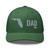Evergreen six-panel mesh-back trucker cap with embroidered Florida DAD logo, front view — DAD all caps