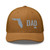 Caramel six-panel mesh-back trucker cap with embroidered Florida DAD logo, front view — DAD all caps