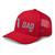 Red six-panel mesh-back trucker cap with embroidered Florida DAD logo, left-front view — DAD all caps