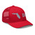 Red six-panel mesh-back trucker cap with embroidered Florida DAD logo, right-front view — DAD all caps