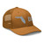 Caramel six-panel mesh-back trucker cap with embroidered Florida DAD logo, right-front view — DAD all caps