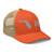 Rustic Orange/Khaki six-panel mesh-back trucker cap with embroidered Florida DAD logo, right-front view — DAD all caps
