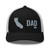 Black/White six-panel mesh-back trucker cap with embroidered Cali DAD logo, front view — DAD all caps