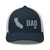Navy/White six-panel mesh-back trucker cap with embroidered Cali DAD logo, front view — DAD all caps