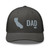Charcoal six-panel mesh-back trucker cap with embroidered Cali DAD logo, front view — DAD all caps