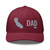 Cranberry six-panel mesh-back trucker cap with embroidered Cali DAD logo, front view — DAD all caps