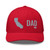 Red six-panel mesh-back trucker cap with embroidered Cali DAD logo, front view — DAD all caps