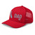 Red six-panel mesh-back trucker cap with embroidered Cali DAD logo, left-front view — DAD all caps