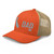 Rustic Orange/Khaki six-panel mesh-back trucker cap with embroidered Cali DAD logo, left-front view — DAD all caps