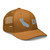 Caramel six-panel mesh-back trucker cap with embroidered Cali DAD logo, right-front view — DAD all caps