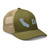 Moss/Khaki six-panel mesh-back trucker cap with embroidered Cali DAD logo, right-front view — DAD all caps