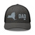 Charcoal/Black six-panel mesh-back trucker cap with embroidered New York DAD logo, front view — DAD all caps