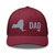 Cranberry six-panel mesh-back trucker cap with embroidered New York DAD logo, front view — DAD all caps