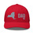 Red six-panel mesh-back trucker cap with embroidered New York DAD logo, front view — DAD all caps