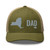 Moss/Khaki six-panel mesh-back trucker cap with embroidered New York DAD logo, front view — DAD all caps