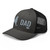 Charcoal/Black six-panel mesh-back trucker cap with embroidered New York DAD logo, left-front view — DAD all caps