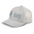 Silver six-panel mesh-back trucker cap with embroidered New York DAD logo, left-front view — DAD all caps