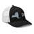 Black/White six-panel mesh-back trucker cap with embroidered New York DAD logo, right-front view — DAD all caps
