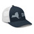 Navy/White six-panel mesh-back trucker cap with embroidered New York DAD logo, right-front view — DAD all caps