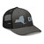 Charcoal/Black six-panel mesh-back trucker cap with embroidered New York DAD logo, right-front view — DAD all caps