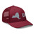 Cranberry six-panel mesh-back trucker cap with embroidered New York DAD logo, right-front view — DAD all caps