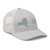 Silver six-panel mesh-back trucker cap with embroidered New York DAD logo, right-front view — DAD all caps