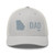 Silver six-panel mesh-back trucker cap with embroidered Georgia DAD logo, front view — DAD all caps