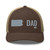 Brown/Khaki six-panel mesh-back trucker cap with embroidered Pennsylvania DAD logo, front view — DAD all caps