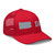 Red six-panel mesh-back trucker cap with embroidered Pennsylvania DAD logo, right-front view — DAD all caps