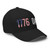 Black structured flex fit hat with embroidered 1776 DAD logo, right-front view — DAD all caps