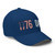 Royal Blue structured flex fit hat with embroidered 1776 DAD logo, right-front view — DAD all caps