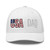 White six-panel mesh-back trucker cap with embroidered USA DAD logo, front view — DAD all caps
