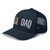 Navy six-panel mesh-back trucker cap with embroidered USA DAD logo, left-front view — DAD all caps