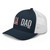 Navy/White six-panel mesh-back trucker cap with embroidered USA DAD logo, left-front view — DAD all caps