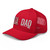 Red six-panel mesh-back trucker cap with embroidered USA DAD logo, left-front view — DAD all caps