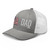 Heather Grey/White six-panel mesh-back trucker cap with embroidered USA DAD logo, left-front view — DAD all caps