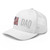 White six-panel mesh-back trucker cap with embroidered USA DAD logo, left-front view — DAD all caps